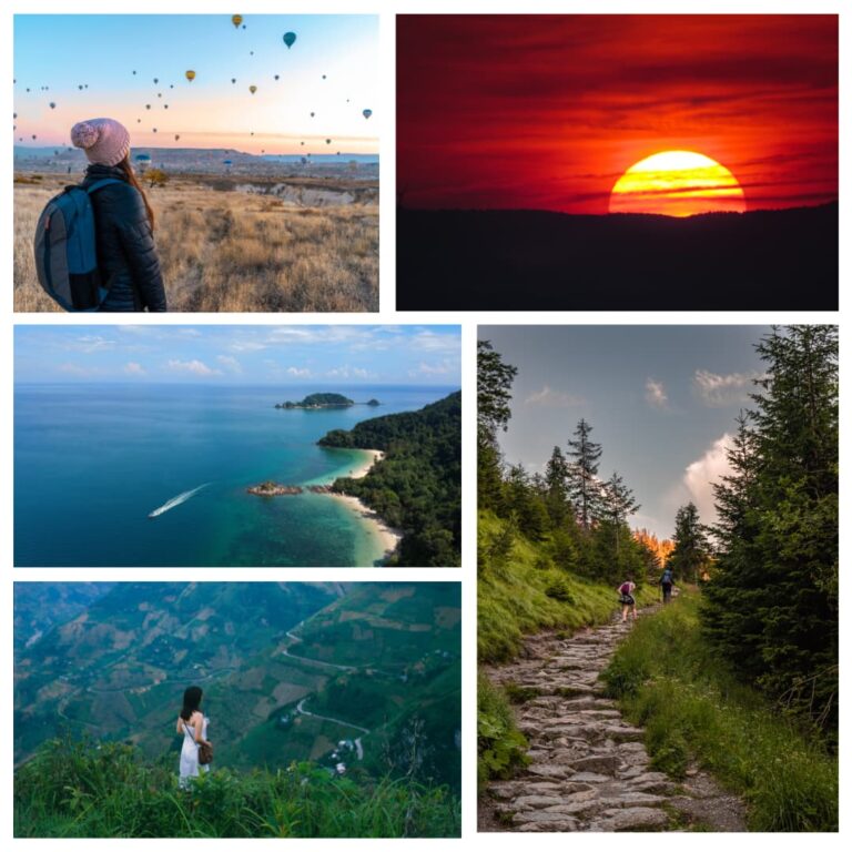 a collage of 5 nature pictures depicting a sunset, hot air balloons, a beach, a hike trail, and the view from a mountain of other mountains and roads