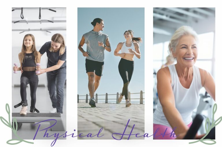 Image depicting people of all ages exercising, a child with an adult supervising, a young couple jogging, and an elder woman exercising on a bike