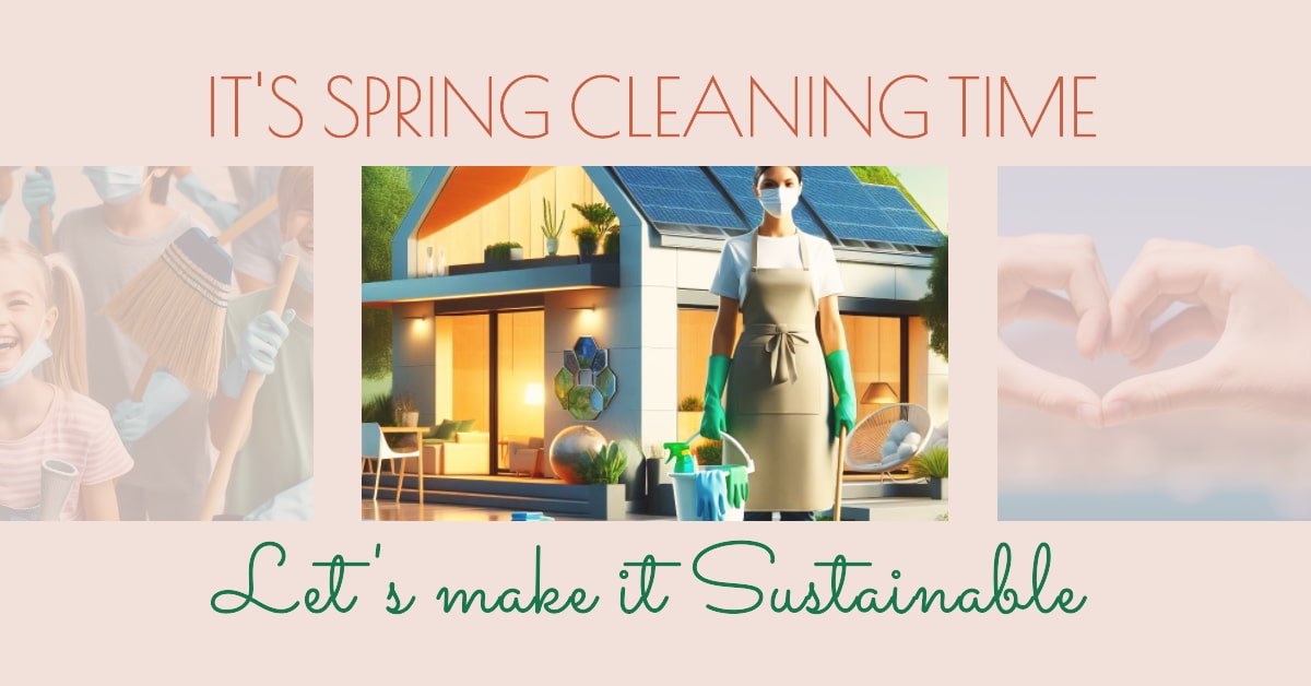 Artificial intelligence image of woman with cleaning tools in front of a clean house (ai assumes women clean - sexist) with the words It's spring cleaning time let's make it sustainable