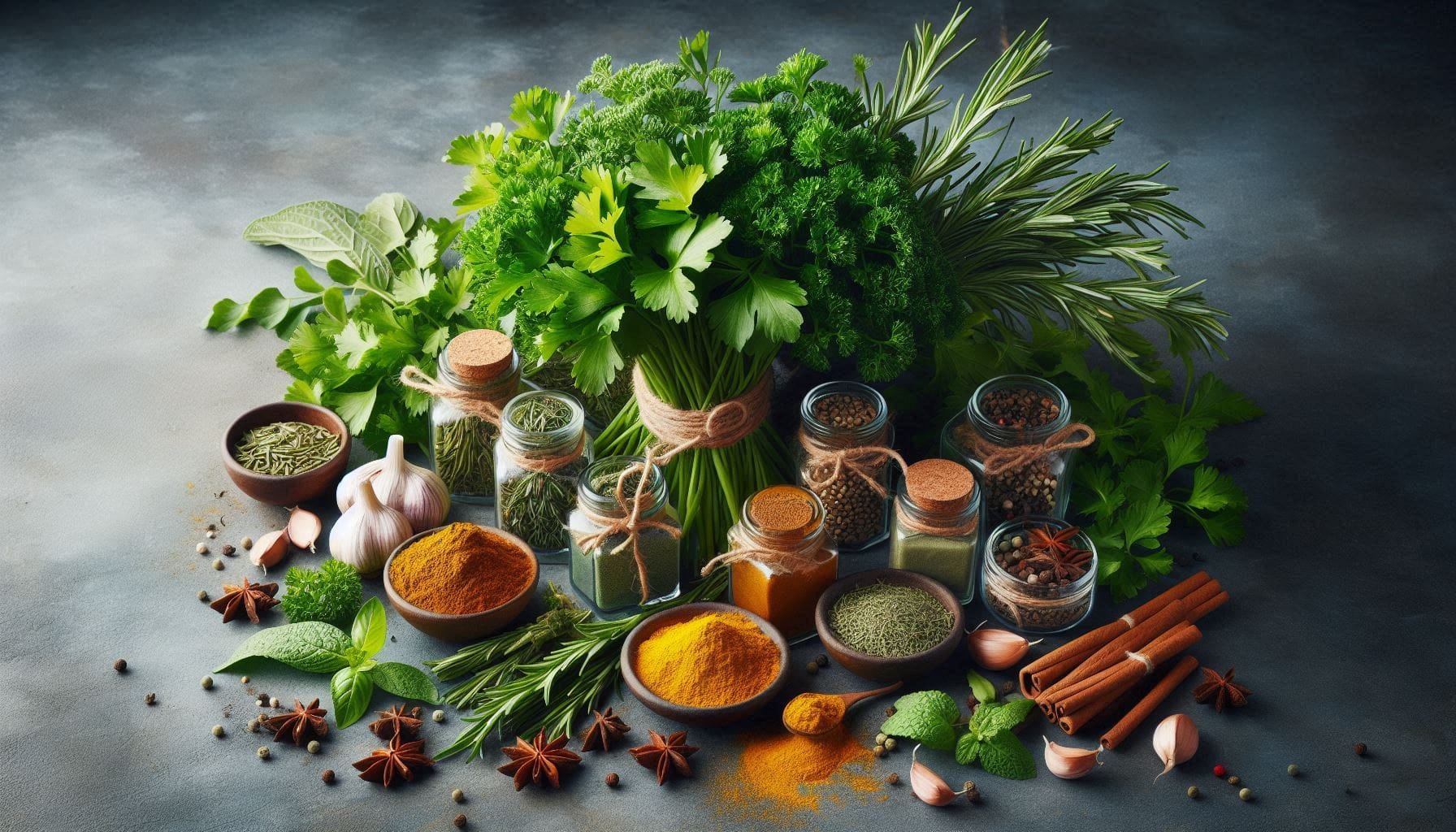 Image of fresh herbs surrounded by colorful spices