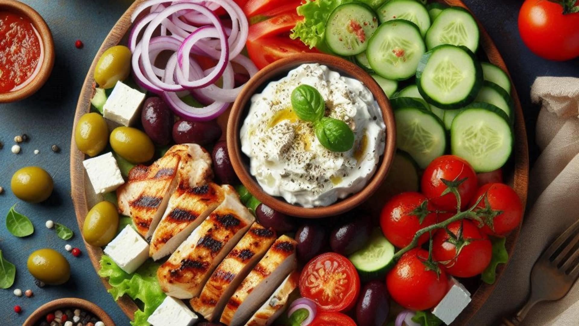 image of a Greek salad ingredients including grilled chicken