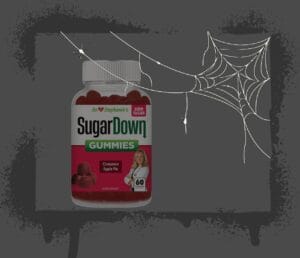 Halloween Sugar image of a sugar down gummies behind a spider web