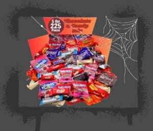 Halloween Sugar image of a 5 pound box of candy behind a spider web