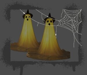 Halloween Sugar image of outside ghost decor behind a spider web