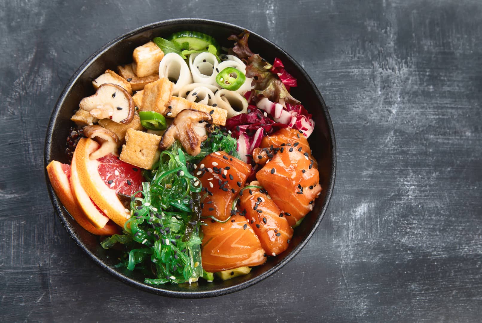 an example of a pescatarian meal - a poke bowl with salmon