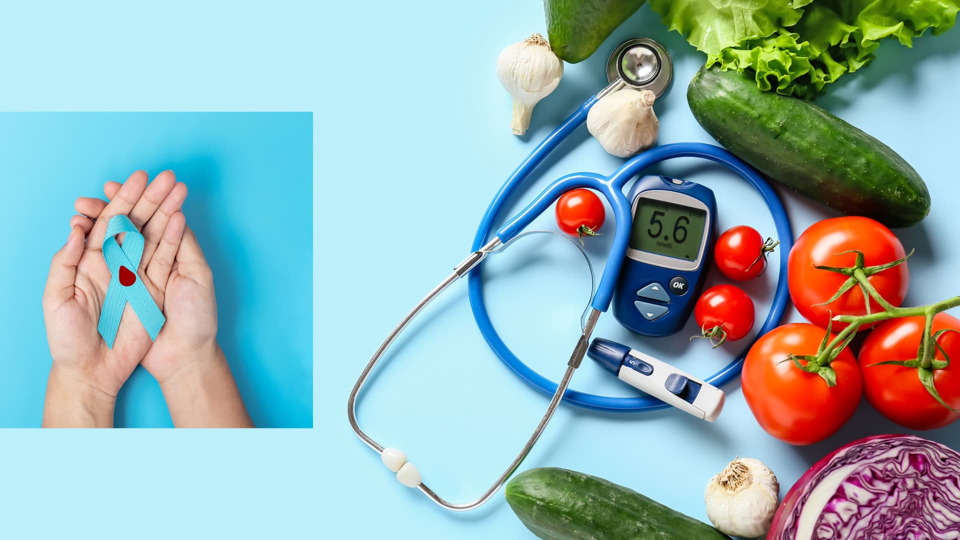 image of medical tools, fresh fruits and vegetables, an insulin measuring tool, and hands holding the diabetes awareness ribbon