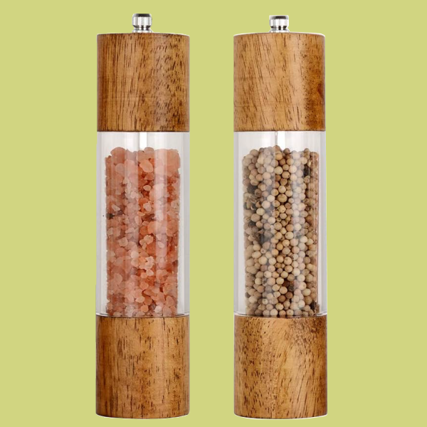 Acrylic-wood salt and pepper mill set sold on Amazon
