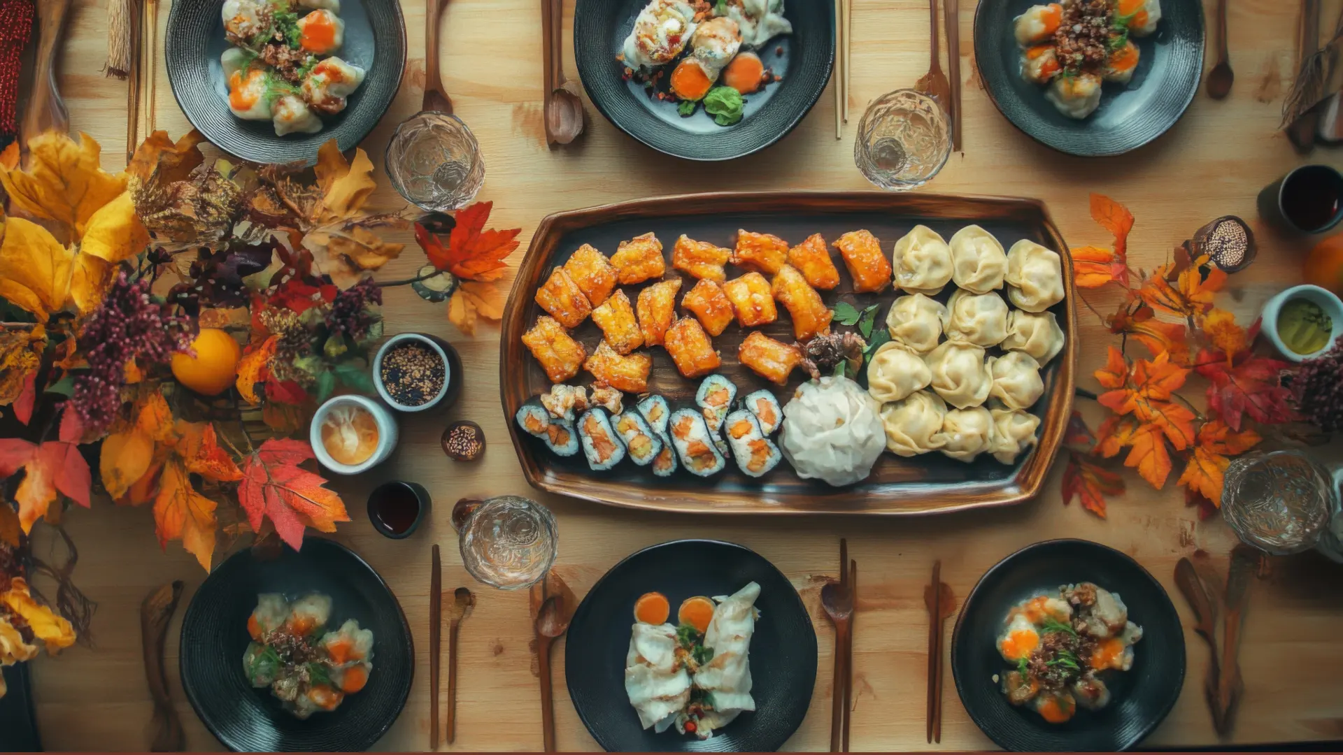 A set up of Asian food with a main dish of dumplings and suchi, and other thanksgiving favorites