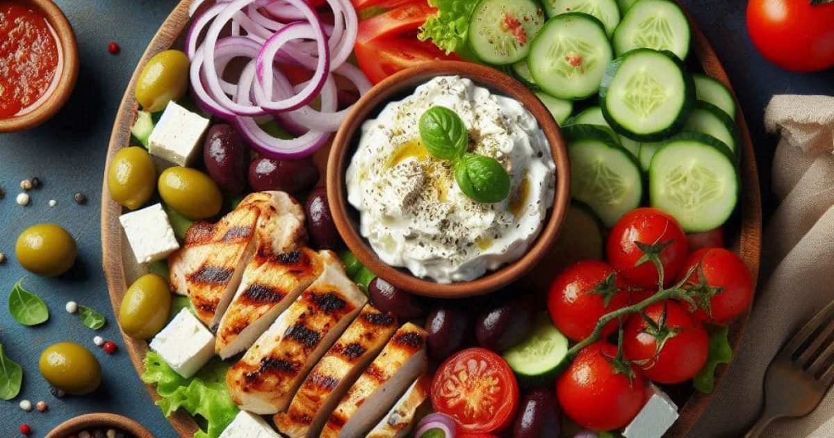 Image of a large round plate with vegetables, grilled chicken, and Tzatziki dipping sauce in the center