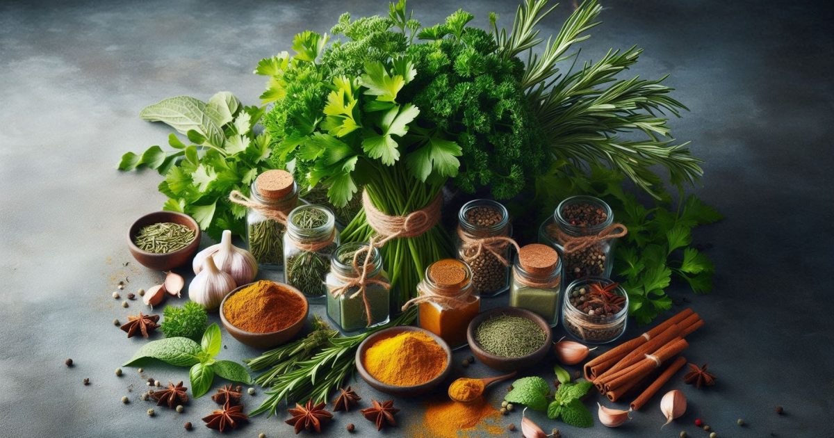 Image of fresh herbs surrounded by colorful spices