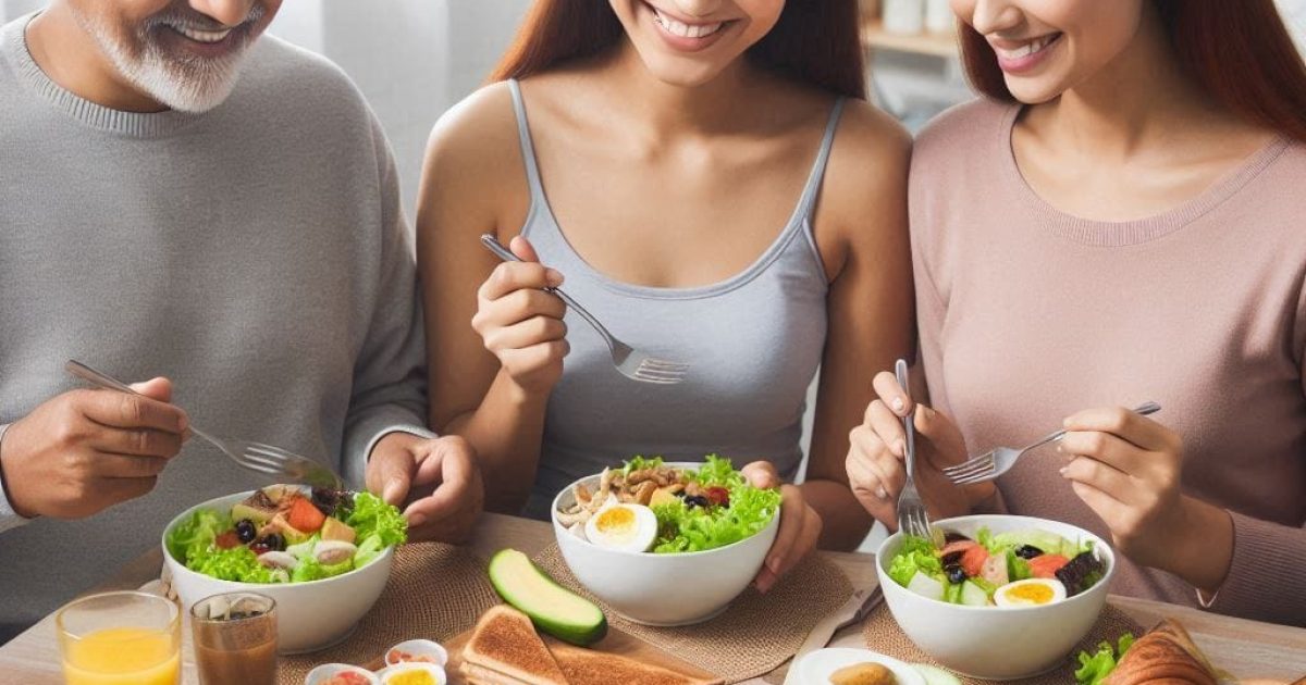 Image with three people eating a balance meal