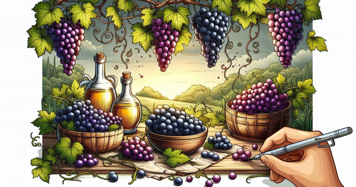 image of a hand drawing a scene with grape vines and a table that holds bowls of grapes and grapeseed oil