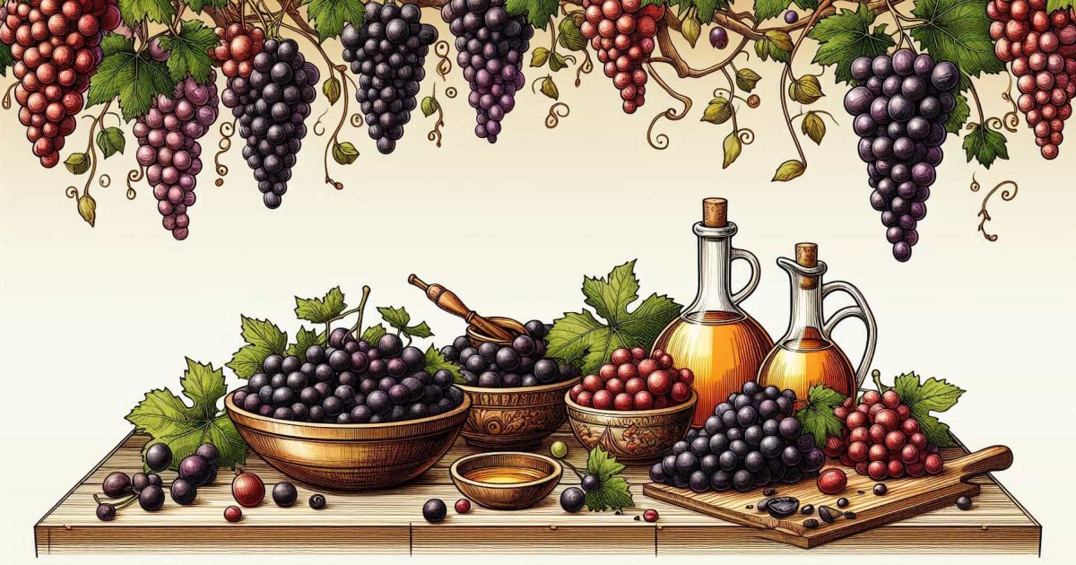 A drawing of grapes on a vineyards and grapes in bowls on a table along grapeseed oil