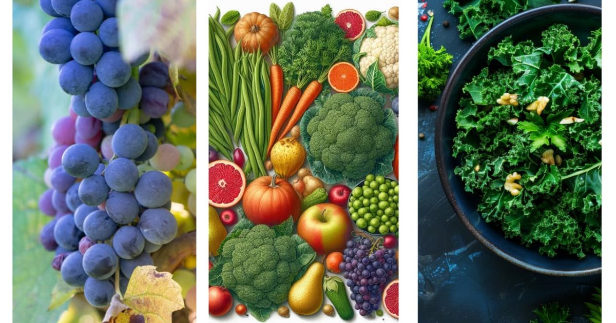 image of grapes, fruits and vegetables, and a kale salad